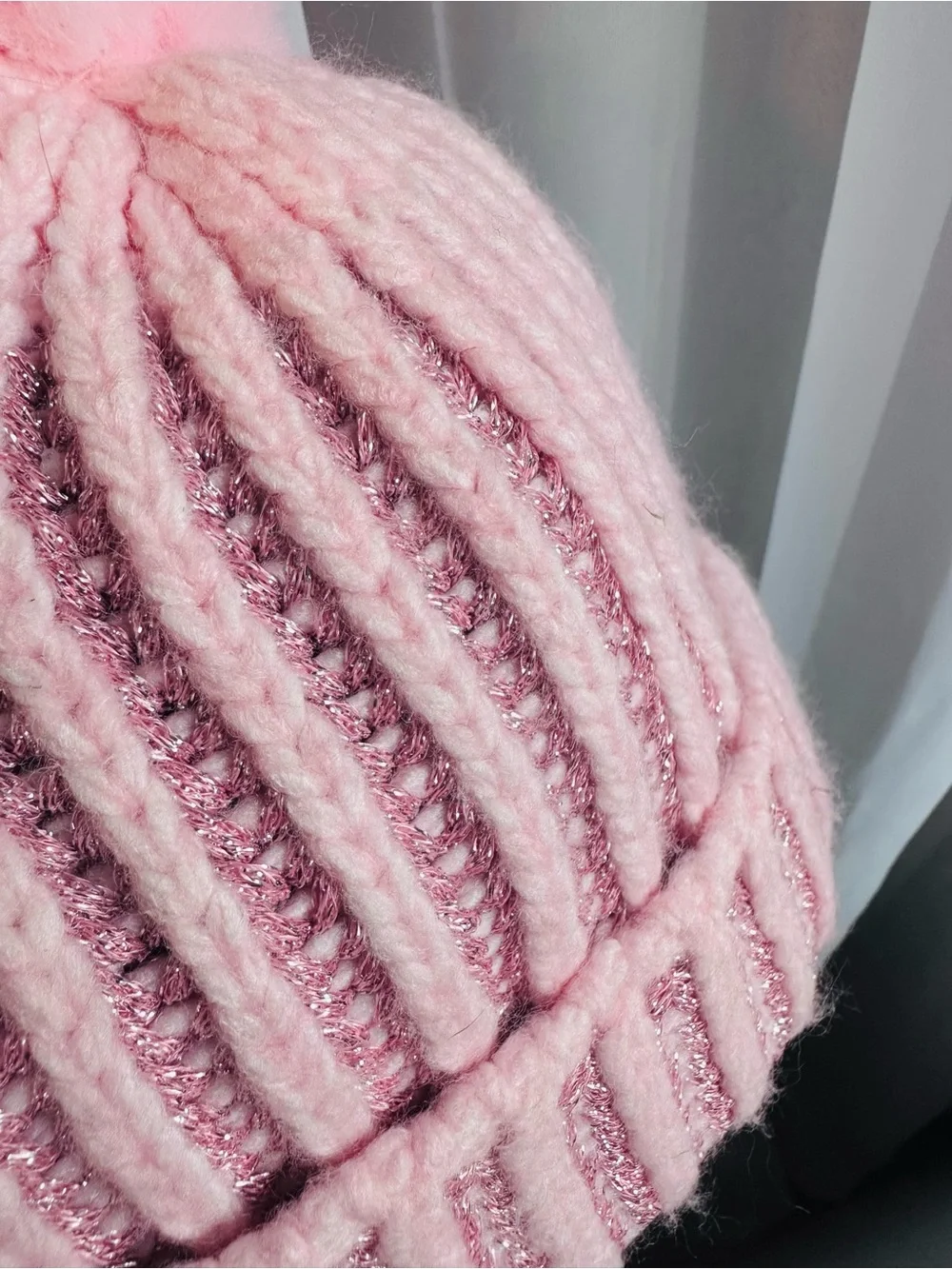 Old Navy Pink and Metallic Pom Pom Ribbed Knit Beanie Hat Infant 0-6m